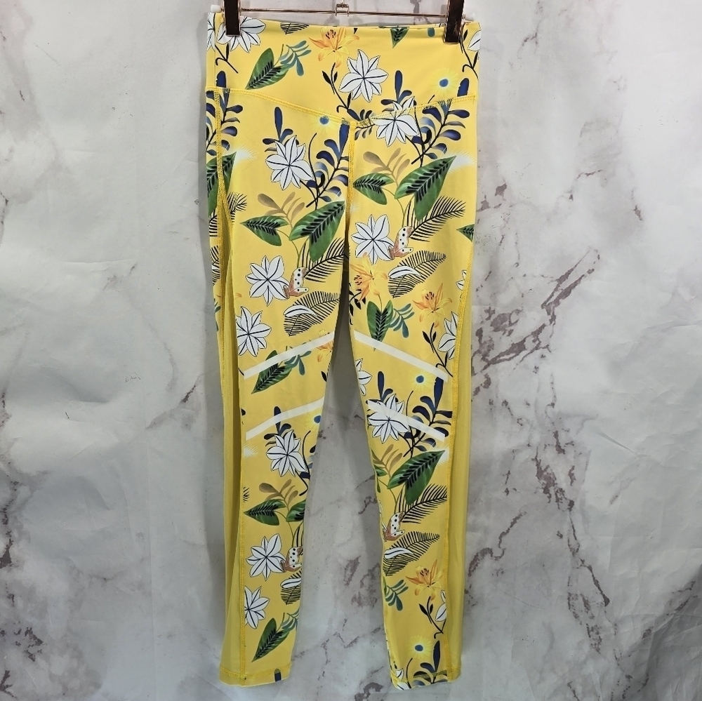 Zyia Leggings Women 6 8 Yellow Crop Floral High Rise Mesh Reflective Light N - Picture 2 of 13